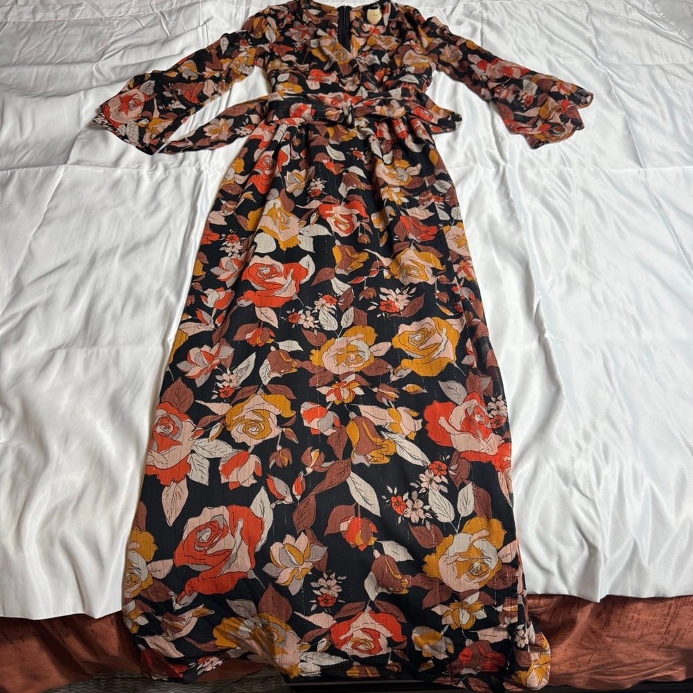 Women's Fate Floral Print Ruffle Sleeve Maxi Dress S Black Orange